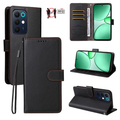 Black litchi-texture RFID wallet phone case with 3 card slots and stand, folio flap.