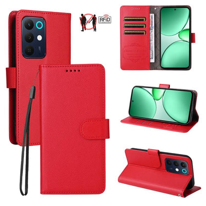 Red litchi-texture RFID wallet phone case with 3 card slots and stand, folio flap.