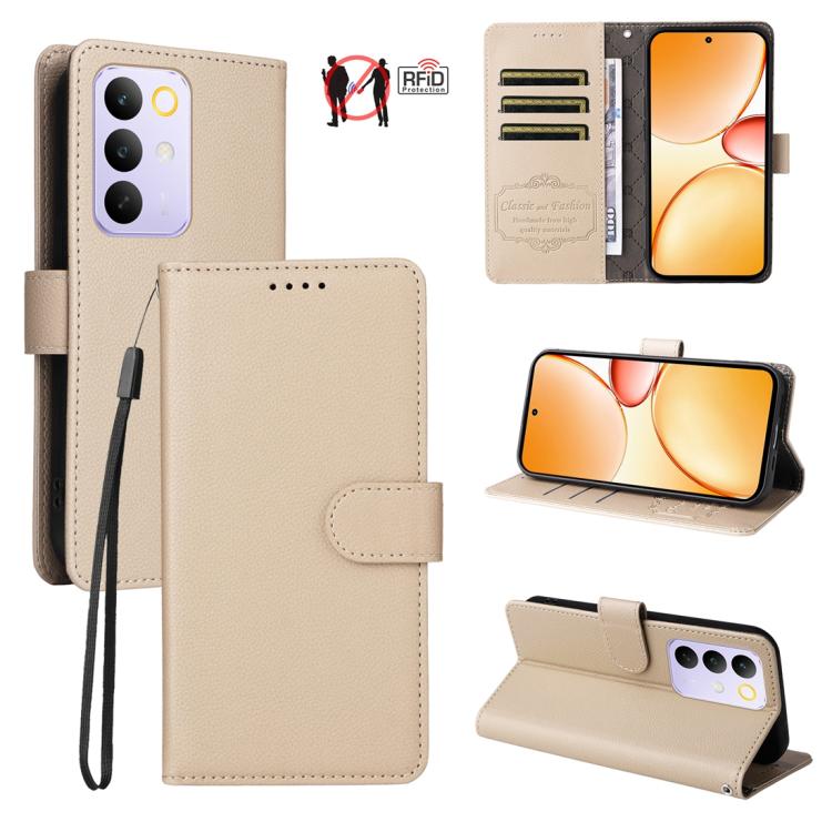 Beige litchi-texture RFID wallet phone case with 3 card slots and stand, folio flap.