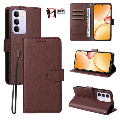 Brown litchi-texture RFID wallet phone case with 3 card slots and stand, folio flap.