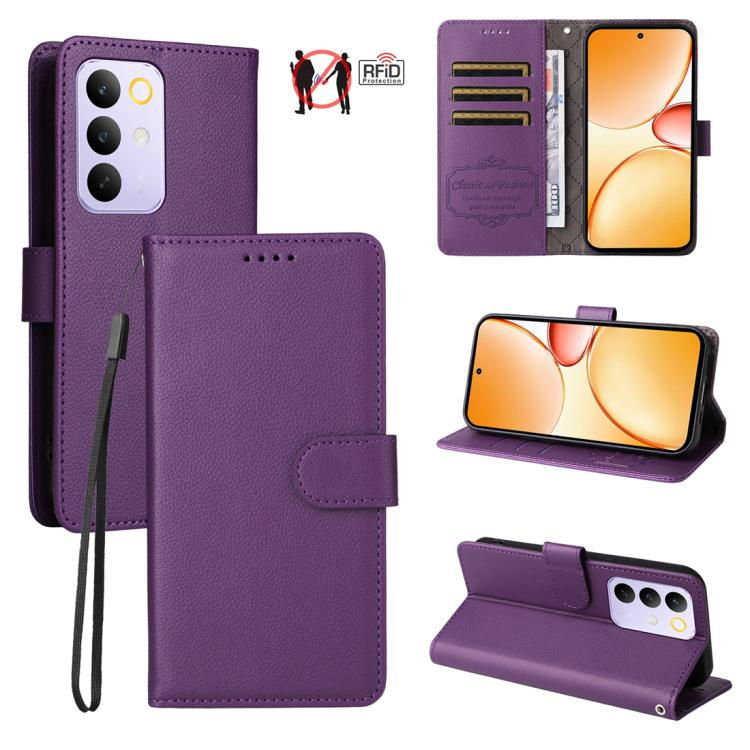 Purple litchi-texture RFID wallet phone case with 3 card slots and stand, folio flap.