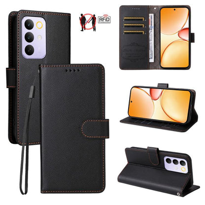 Black litchi-texture RFID wallet phone case with 3 card slots and stand, folio flap.