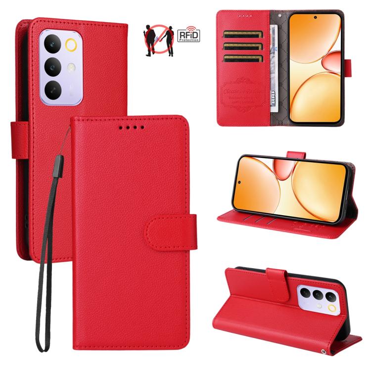 Red litchi-texture RFID wallet phone case with 3 card slots and stand, folio flap.