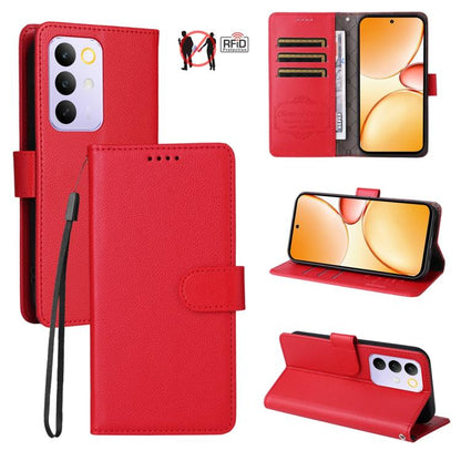Red litchi-texture RFID wallet phone case with 3 card slots and stand, folio flap.