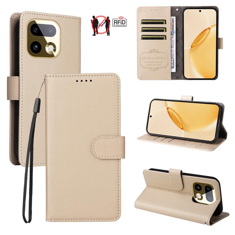 Beige litchi-textured RFID wallet phone case with folio cover and 3 card slots