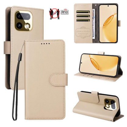Beige litchi-textured RFID wallet phone case with folio cover and 3 card slots