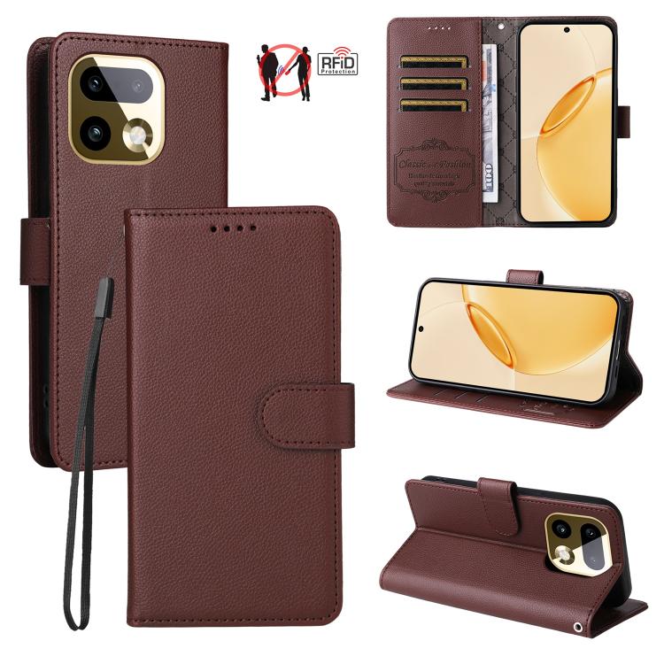 Brown litchi-textured RFID wallet phone case with folio cover and 3 card slots
