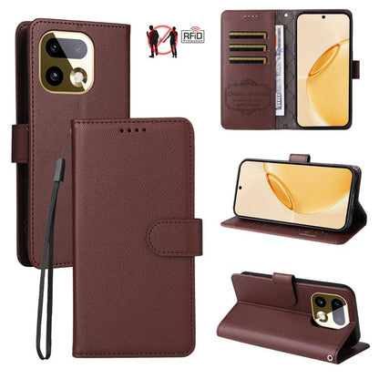 Brown litchi-textured RFID wallet phone case with folio cover and 3 card slots