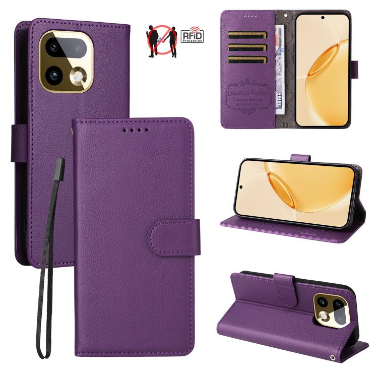 Purple litchi-textured RFID wallet phone case with folio cover and 3 card slots