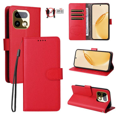 Red litchi-textured RFID phone wallet case with front flap and stand viewing mode