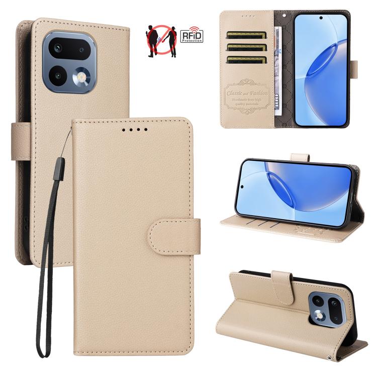 Beige litchi-textured RFID phone wallet case with front flap and stand viewing mode
