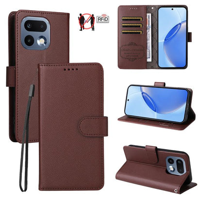 Brown litchi-textured RFID phone wallet case with front flap and stand viewing mode