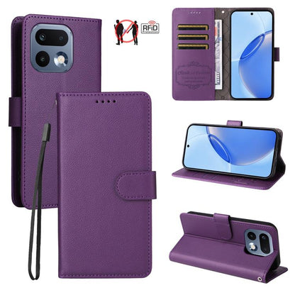 Purple litchi-textured RFID phone wallet case with front flap and stand viewing mode