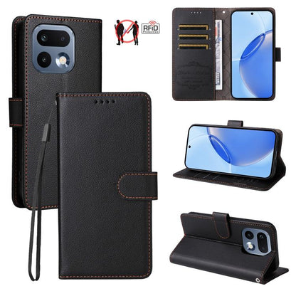 Black litchi-textured RFID wallet phone case with card slots and magnetic flap