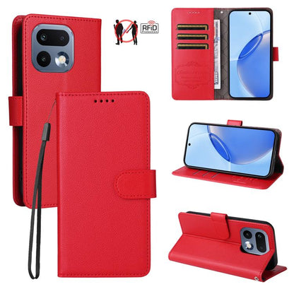 Red litchi-textured RFID wallet phone case with card slots, folio stand, wrist strap