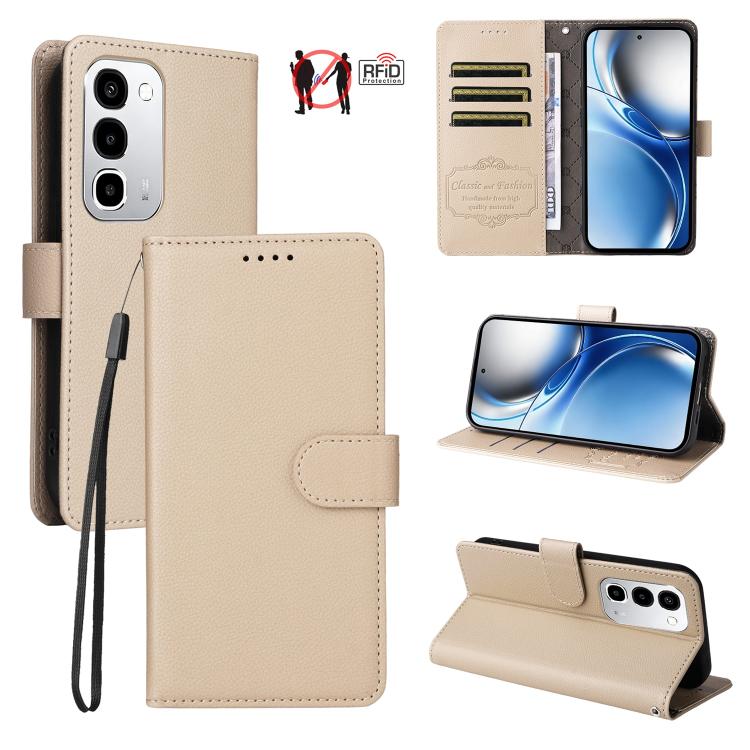 Beige leather wallet phone case with folio cover, card slots, and wrist strap