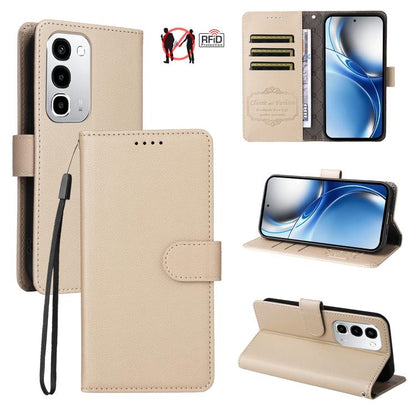 Beige leather wallet phone case with folio cover, card slots, and wrist strap