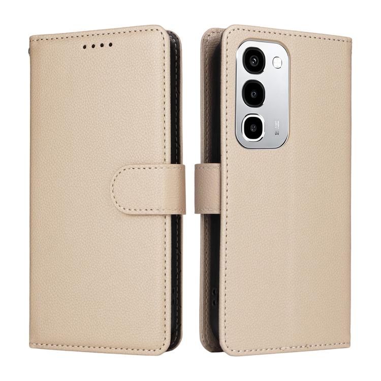 Beige leather wallet phone case, front card flap with snap closure