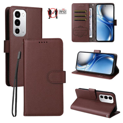 Brown leather wallet phone case with card slots, flip cover, and wrist strap