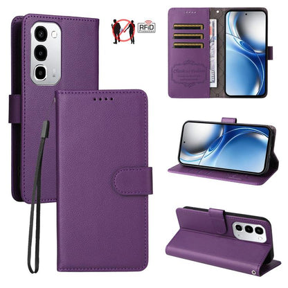 Purple leather wallet phone case with card slots and magnetic flip closure