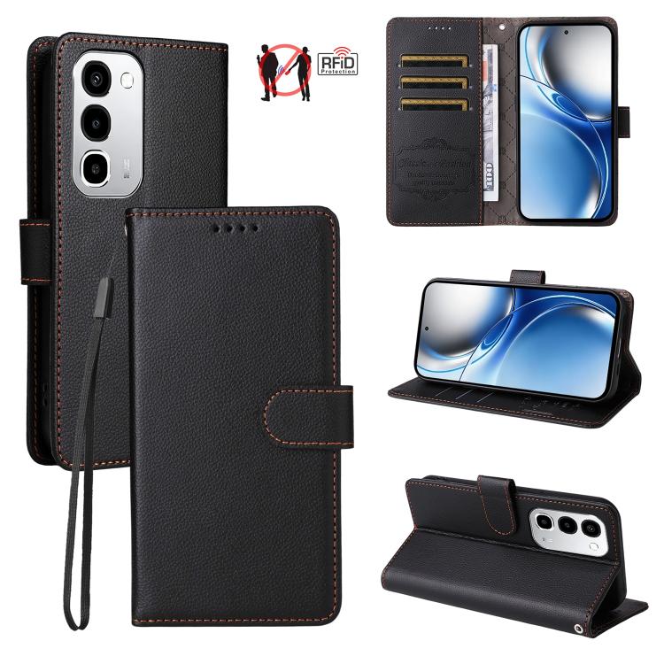 Black litchi-textured RFID wallet phone case with folio cover and 3 card slots