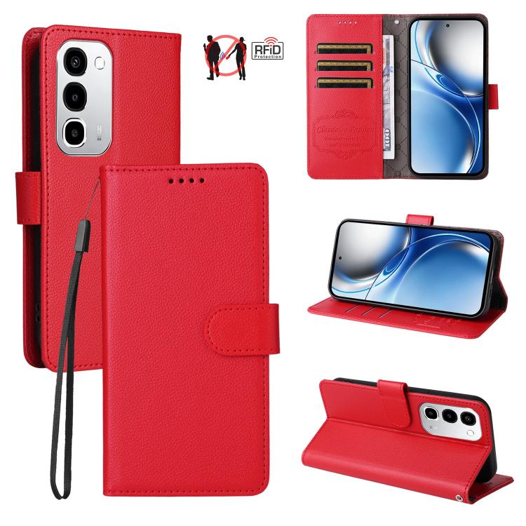 Red litchi-textured RFID wallet phone case with folio cover and 3 card slots