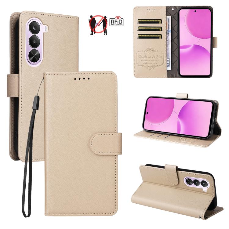 Beige litchi-textured RFID wallet phone case with card slots, snap flap, wrist strap