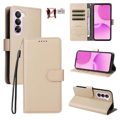 Beige litchi-textured RFID wallet phone case with card slots, snap flap, wrist strap