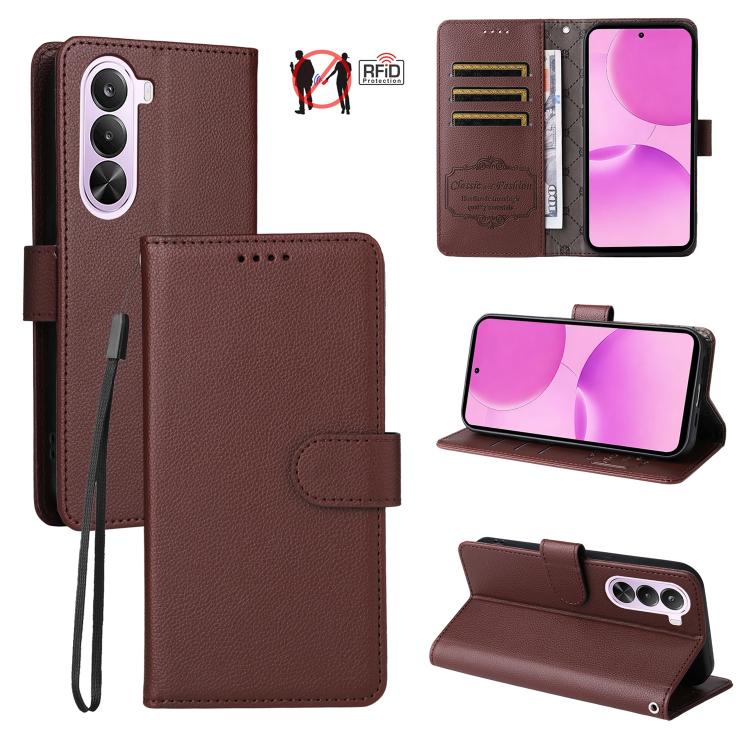 Brown litchi-textured RFID wallet phone case with card slots and foldout kickstand