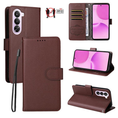 Brown litchi-textured RFID wallet phone case with card slots and foldout kickstand