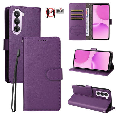 Purple litchi-textured RFID wallet phone case with card slots, magnetic flap, strap