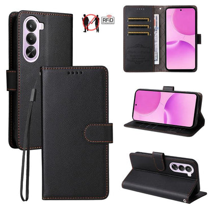 Black litchi-textured RFID wallet phone case showing card-slot panel and folio kickstand