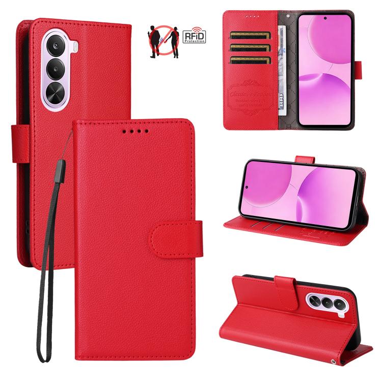 Red RFID wallet phone case with litchi texture, card slots, and standing cover
