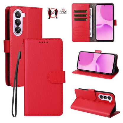 Red RFID wallet phone case with litchi texture, card slots, and standing cover