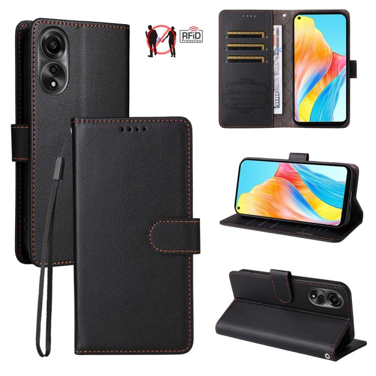 Black litchi-textured leather RFID phone wallet with card slots and magnetic flap