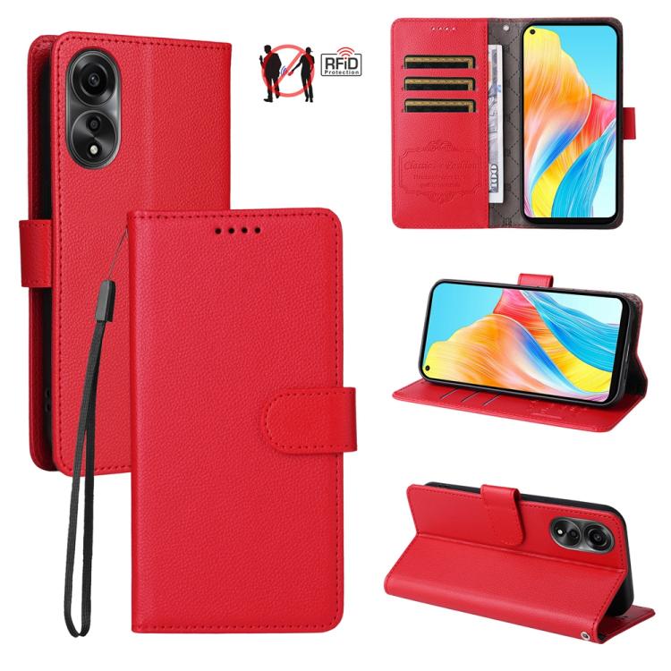 Red litchi-textured leather RFID phone wallet with card slots, hand strap, and stand
