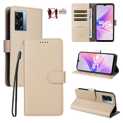 Beige textured leather wallet phone case with RFID card slots and magnetic flap.