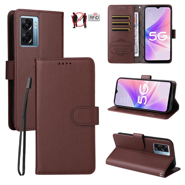 Brown textured leather wallet phone case with RFID card slots and magnetic closure.