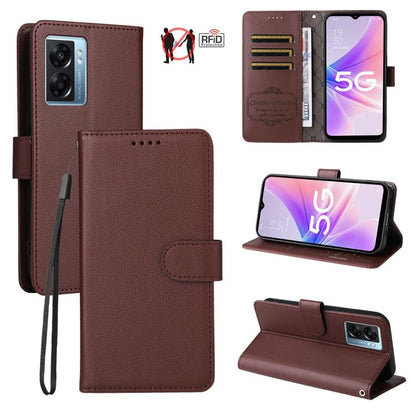 Brown textured leather wallet phone case with RFID card slots and magnetic closure.