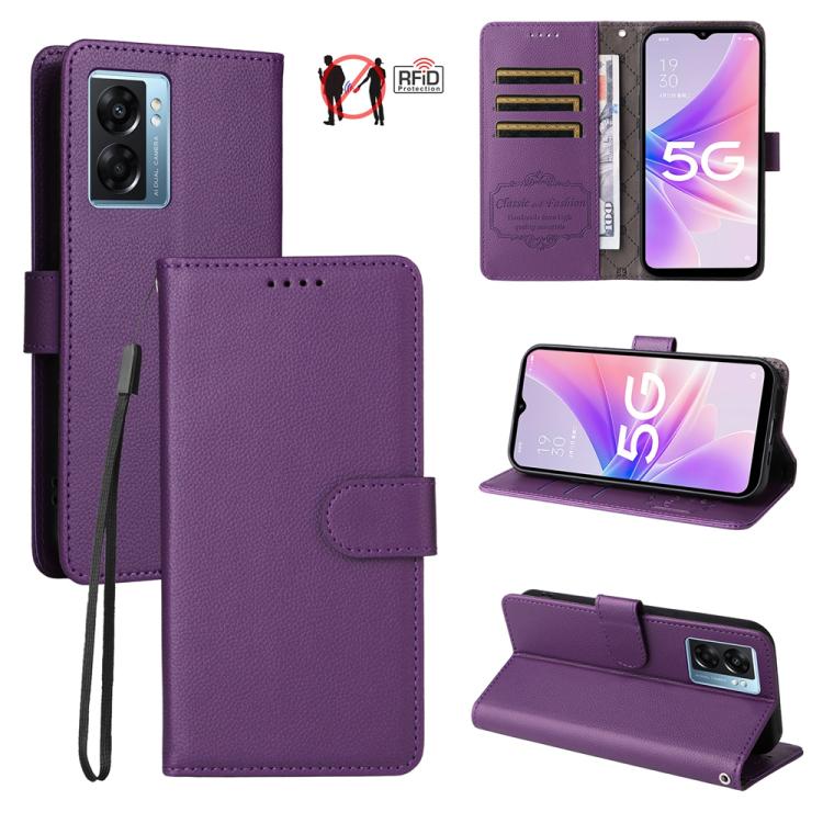 Purple textured leather wallet phone case with RFID card slots and magnetic flap.