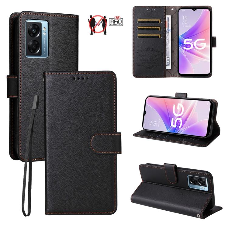 Black textured leather wallet phone case with RFID card slots, wrist strap, kickstand.