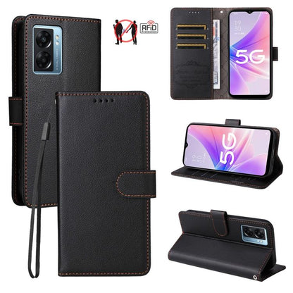 Black textured leather wallet phone case with RFID card slots, wrist strap, kickstand.