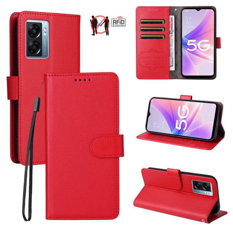 Red textured leather wallet phone case with RFID card slots and flip cover.