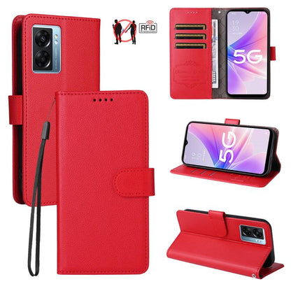 Red textured leather wallet phone case with RFID card slots and flip cover.