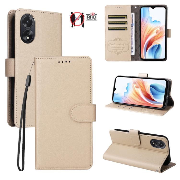 Beige litchi-texture leather wallet phone case with RFID card slots and magnetic strap