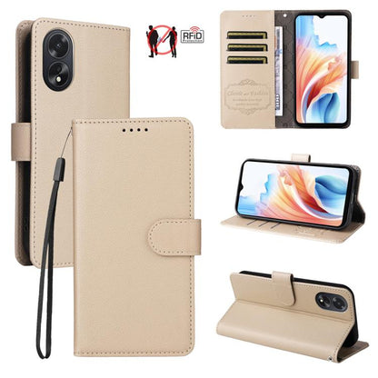 Beige litchi-texture leather wallet phone case with RFID card slots and magnetic strap