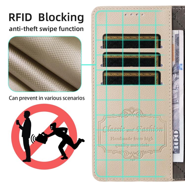 Beige leather wallet phone case with RFID blocking card slots and secure folio cover