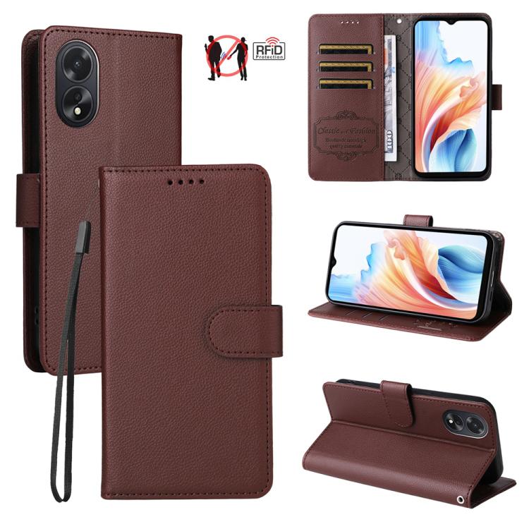 Brown litchi-texture leather wallet phone case with RFID card slots and magnetic closure