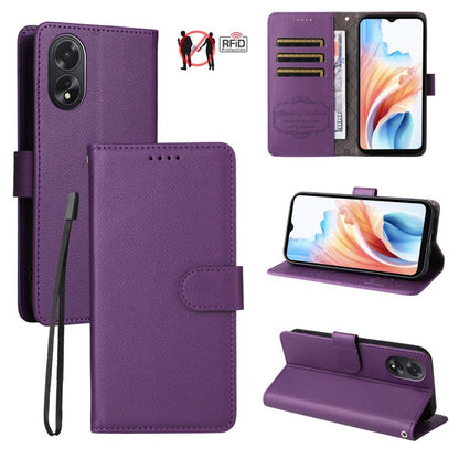 Purple litchi-texture leather wallet phone case with RFID card slots and magnetic strap