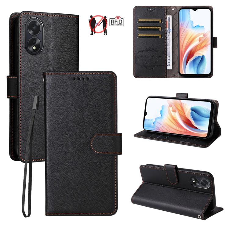 Textured RFID wallet phone case in black, with card slots and folio stand